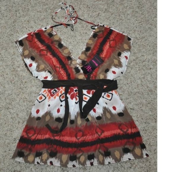 Womens Blouse Wrapper White Multi Floral Small V-Neck Shirt Tie Back Cap Sleeve - Picture 3 of 4